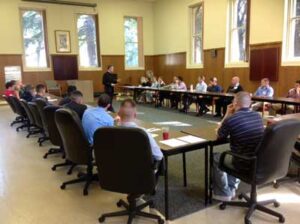 Archbishop Broglio talks to the 26 men gathered in Menlo Park, CA at the AMS 2013 Spring Discernment Retreat.