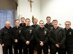 Catholic seminarians and prospective military chaplains with Father Aidan Logan, O.C.S.O., Vocations Director of the Archdiocese for the Military Services, USA, at Mount St. Mary's Seminary, Emmitsburg, Md.