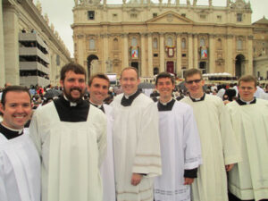 Seminarians in Saint Peter's Square for the canonizations of Pope Saint John XXIII and Pope Saint John Paul II. Pictured are Chaplain Candidate Ryan Boyle (center) and Seminarian Shawn Roser (left end), both US Air Force Reserves.