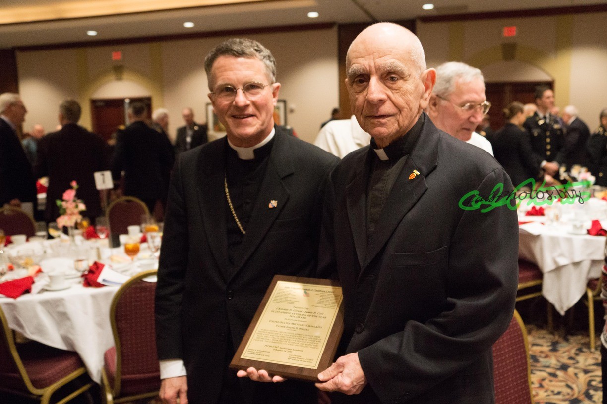 Archbishop Timothy P. Broglio (left) and Father Joseph Piskura, who accepted the Veteran of the Year award from the Joint Veterans Council of Cuyahoga County on behalf of all U.S. Military chaplains Feb. 14 in Independence, Ohio. Photo courtesy of Cal Pusateri.